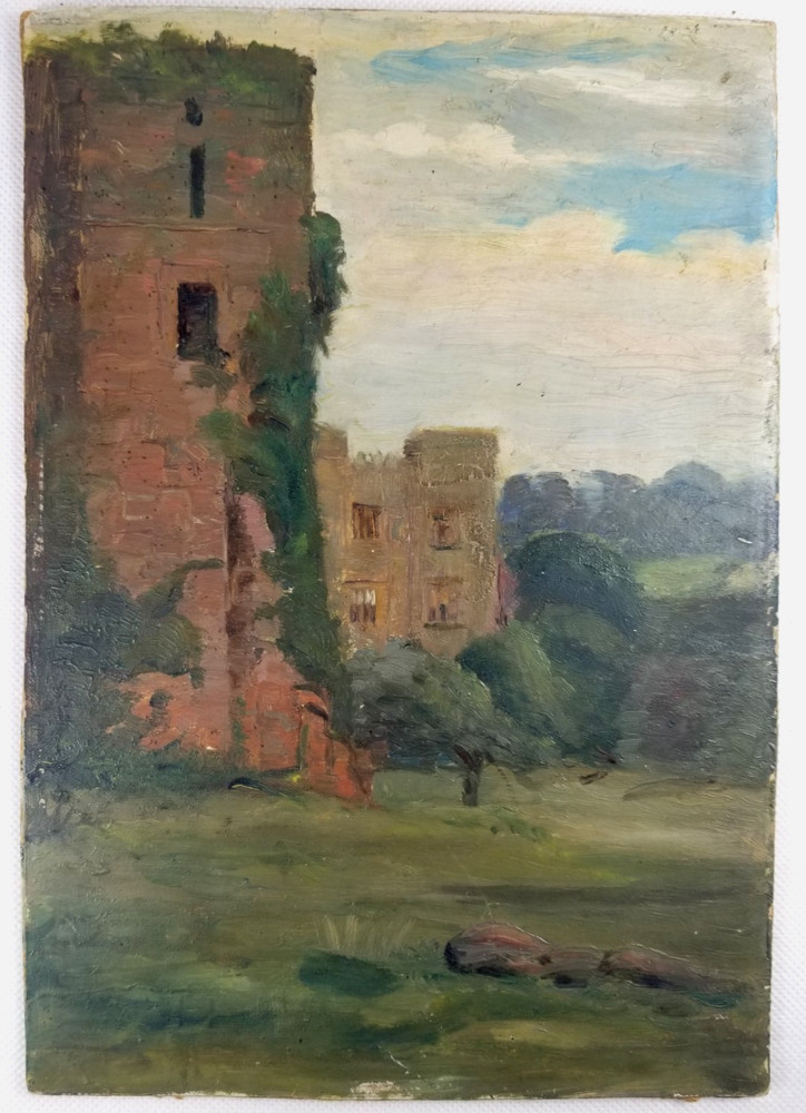 American School Philadelphia Oil Board Painting Castle Ruins Unsigned C. 1880