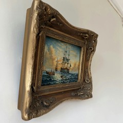 Detailed Harbor Scene Oil Painting „Sailing Ship“ Rustic Small Artwork