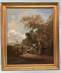 Oil on Canvas Unsigned Painting “Children Playing” Gilt Frame 26 3/4”x22 1/2”
