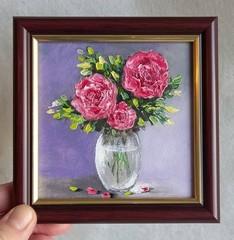 Original Oil Painting Still Life Roses in a Vase Framed Small Wall Art 4 x 4 in