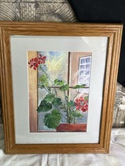 VINTAGE FRAMED MATTED RED GERANIUM WATER COLOR STILL LIFE PAINTING MB MORRISON
