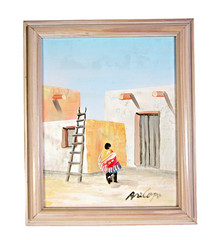 Jose Aricopa Signed Oil Painting Southwestern Pueblo Adobe Village Native MCM