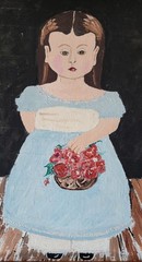 Creepy Folk Art Oil Painting Victorian Girl With Flowers Wooden Frame 20.5 x 24
