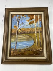Acrylic Painting On Canvas Framed Ducks In Pond Landscape 17”x 21”
