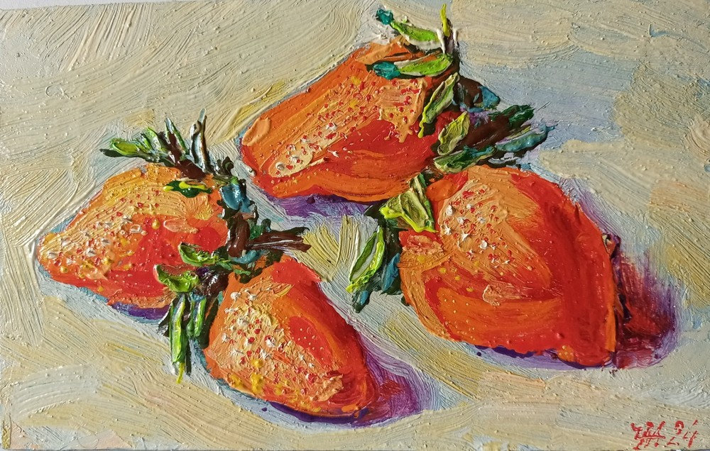Strawberries Impasto Painting Original Art Impression Oil Painting 5.5 x 8.6 in