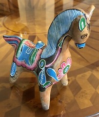 Vintage Mexican Tonala Wood Wooden HORSE Hand Painted Carved Dala Folk Art