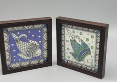 Set of 2 Madhubani Hand-painted Fish Paintings Framed Folk Art Geometric Pattern