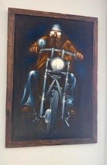 Vintage Black Velvet Biker Oil Painting With Wood Frame Rustic Motorcycle Decor