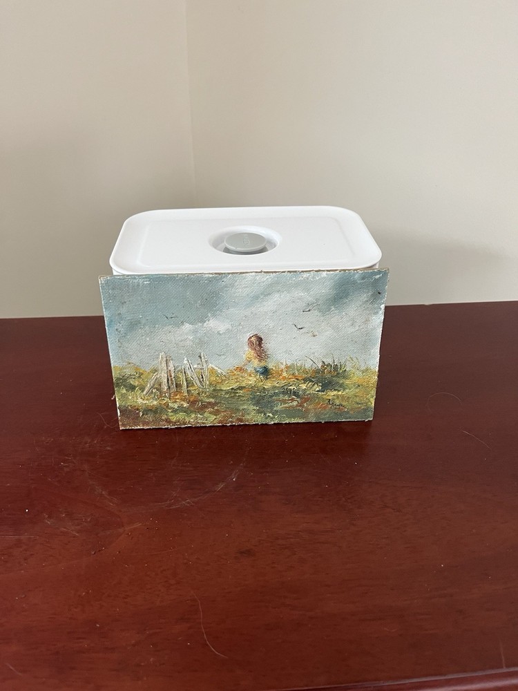 Vintage Mini Oil Painting on Masonite Board Signed „Keuga(?)“ Girl in Field