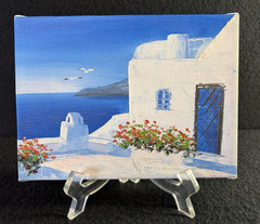 Original Oil Painting Of Greek Villa w/Easel Seascape Flowers Birds Vintage