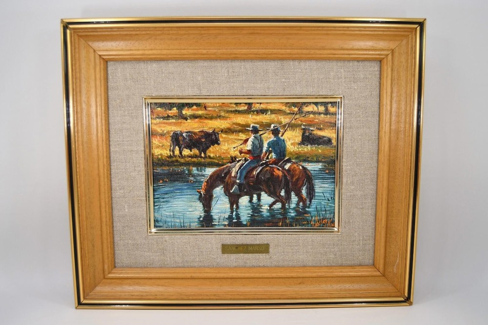 Francisco Sanchez Manso Mini Oil Painting Young Fishermen on Horses with Bulls