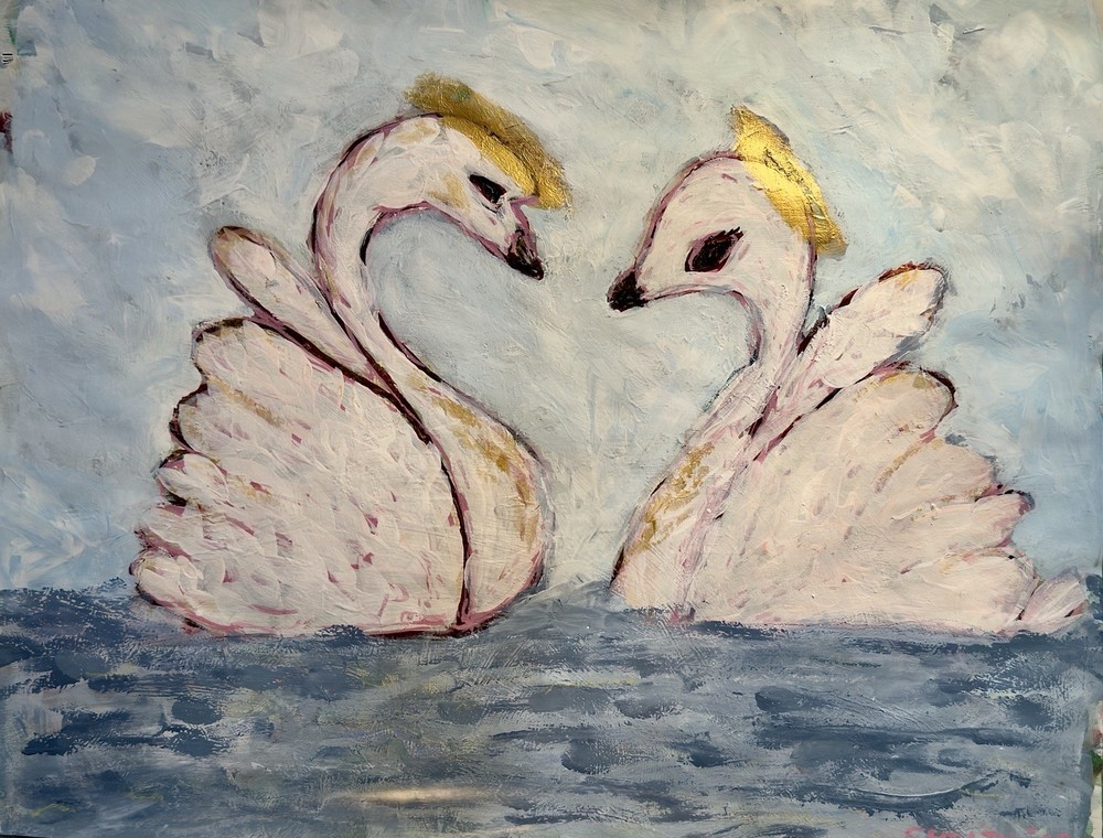 Original Mixed Media Acrylic Painting 17×13 Abstract Swans Contemporary Signed