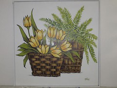 Nice! Signed MITCHELS expresssionistic baskets of tulips/fern 37″x37″ A/C 1970’s