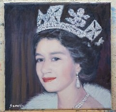 Sean Wu original oil portrait 12×12 on stretched canvas, Queen Elizabeth II