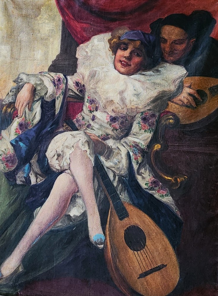 RICHARD GEIGER ( Austria 1870–1945), Oil on Canvas, Pierrette and Lute, Signed