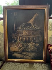 Antique French Still Life Oil Painting, Dark Moody, Champagne Oysters Cheese