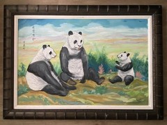 Signed 1984 Mona Sun (孫慕娜) Family of Pandas Oil Painting, 90 cm x 60 cm