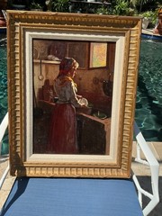 Vtg European Wood Panel Oil Painting Dutch Interior Scene Waning Dishes Signed