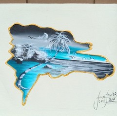 Juan Javier Signed Dominican Republic Island Map Painting – Tropical Beach 10×8