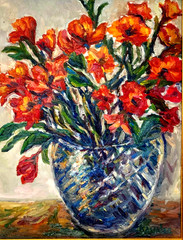 Oil Painting Red Flower Crystal Vase Still Life Floral Original Original Donalee