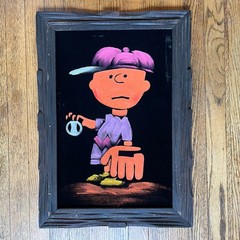 Vintage 1970s Charlie Brown Peanuts Baseball Framed Velvet Oil Painting 15×21