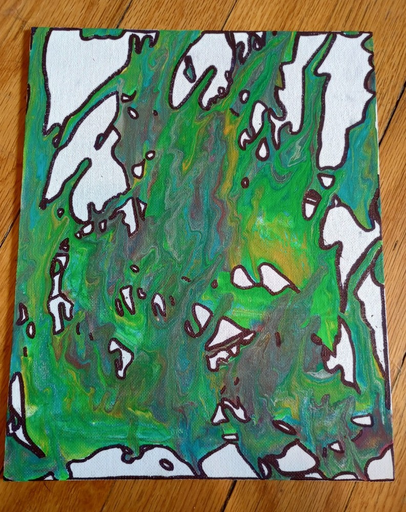 Abstract Green and White Acrylic Painting on Small Unframed Canvas, Art Theme