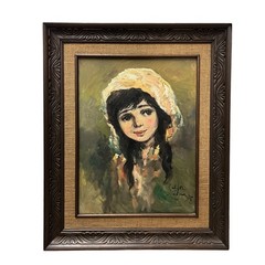 Salvadore Cabrera Girl Big Eyes Vintage Oil Painting Portrait Bonnet Signed 1978