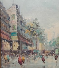 LRG ANTONIO DEVITY OIL/CANVAS FRENCH STREET SCENE STAMPED FRAMED GOOD CONDITION