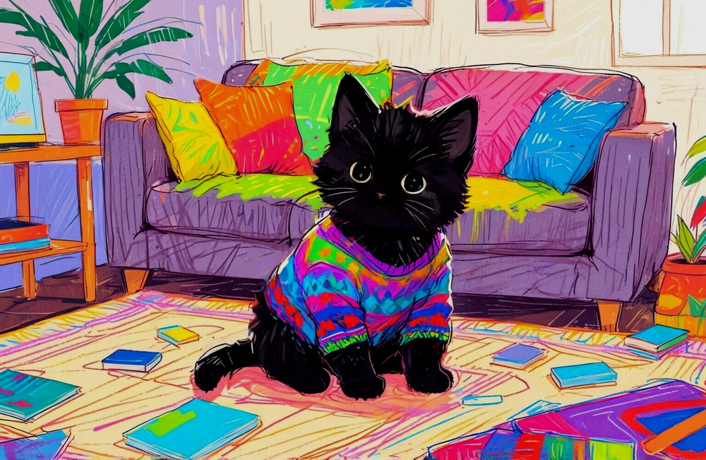 ACEO Mini *Art Print* Black Cat Baby Kitten in Pink Blue Green Sweater -Saulite