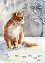 Cat Pets Red Kitty in the snow domestic pet Kids Original watercolor painting