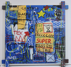 JEAN-MICHEL BASQUIAT ACRYLIC ON CANVAS 1982 WITH TIED WOOD SUPPORTS 35 X 35 in
