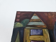 Vtd Oil On Heavy Paper Abstract Painting Artist Signed And Dated Houses On Hill