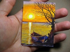 Watercolor Painting Wooden Boat Lake Sunset Autumn Tree Landscape ACEO Art