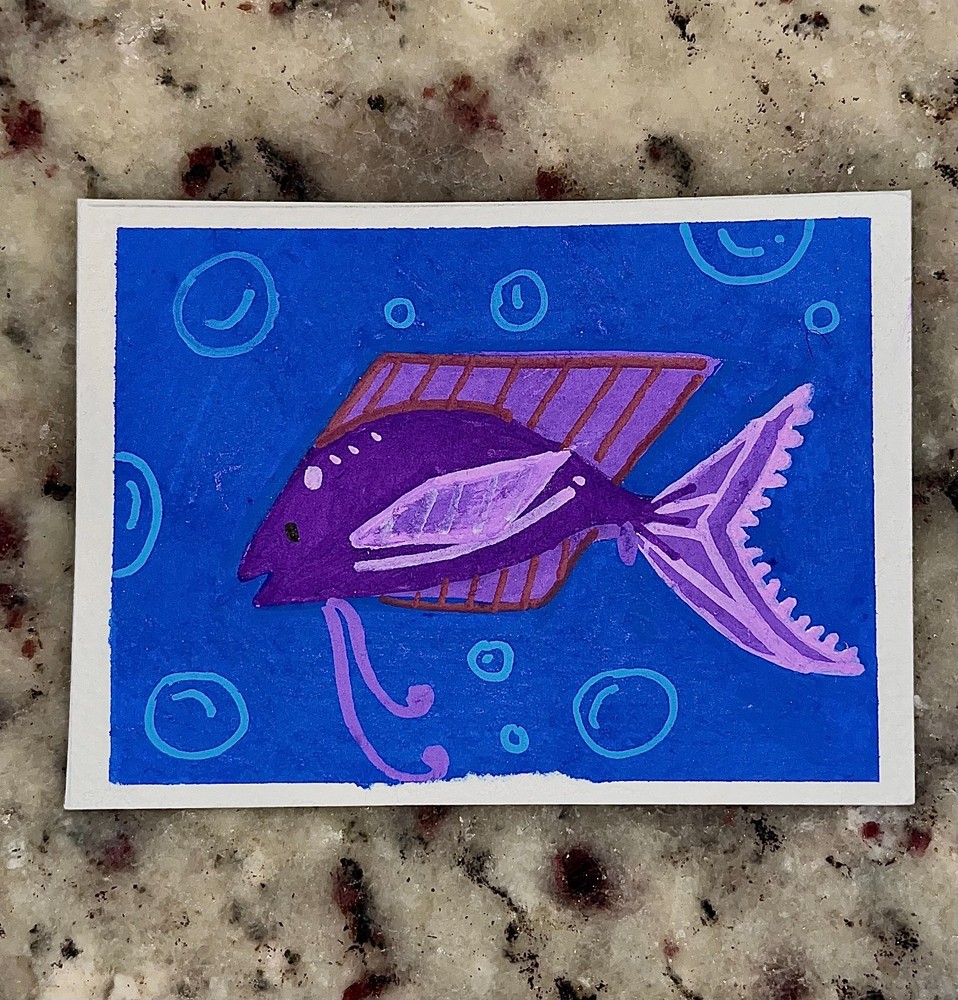 ACEO Original Acrylic Art Cards Fish Purple Geometric Animal Marine Bubbles Nova