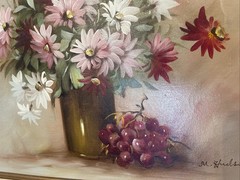 Vtg Floral Oil Painting Signed M Hudson Pink Daisies Still Life Framed 24.5”x20”