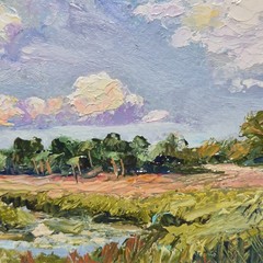 original autographed oil painting framed. Summer landscape. Clouds.4x4in.