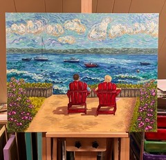 Boats seascape oil painting sea sail boat red chairs figurative framed