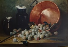 Realistic Still Life Oil Print Copper pan Fruits HUGE 36″ x 26″ Framed