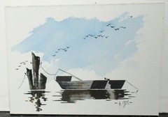 GEORGE SPERL BOAT AT DOCK ORIGINAL MINIATURE WATERCOLOR LANDSCAPE PAINTING