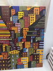 Original Abstract Cityscape Painting Colorful Geometric Buildings Signed CA