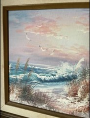 Vintage lighthouse Oil painting Pinks blues nautical core ocean