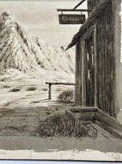 ANTIQUE ART DECO PAINTING ILLUSTRATION Ghost Town Western Landscape Desert