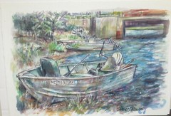 BRUCE PETERSON FISHING BOATS DOCK ORIGINAL WATERCOLOR SEASCAPE PAINTING
