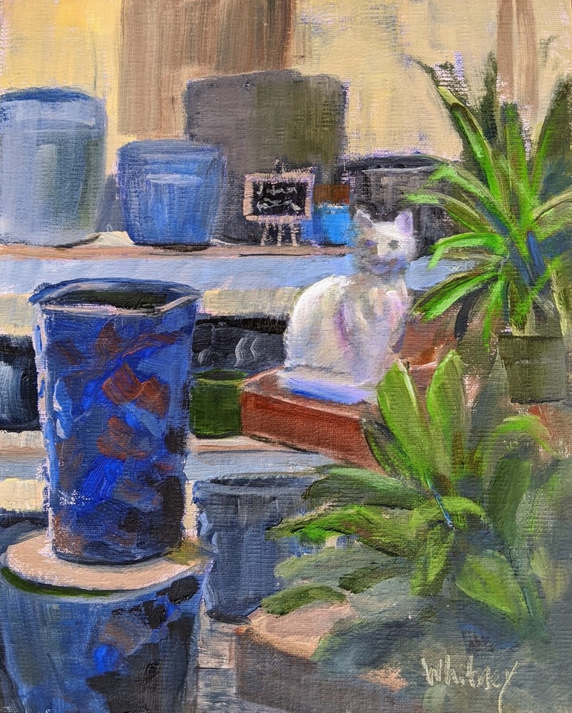 Cat Painting in Greenhouse Blue Pots Original Oil Garden Shop 8×10 Sue Whitney