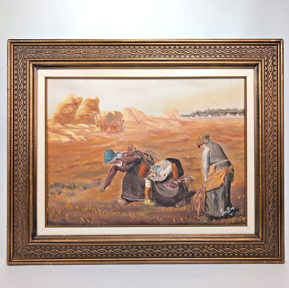 17×21 Oil Painting The Gleaners After Millet Signed 1981 Framed Surrealist Art