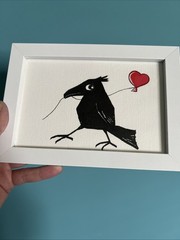 Raven,crow,bird ,funny,cute,original,miniature Painting,small,mini,framed
