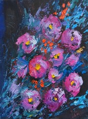 Ranunculus floral oil painting purple & pink flowers on black 100% handmade art