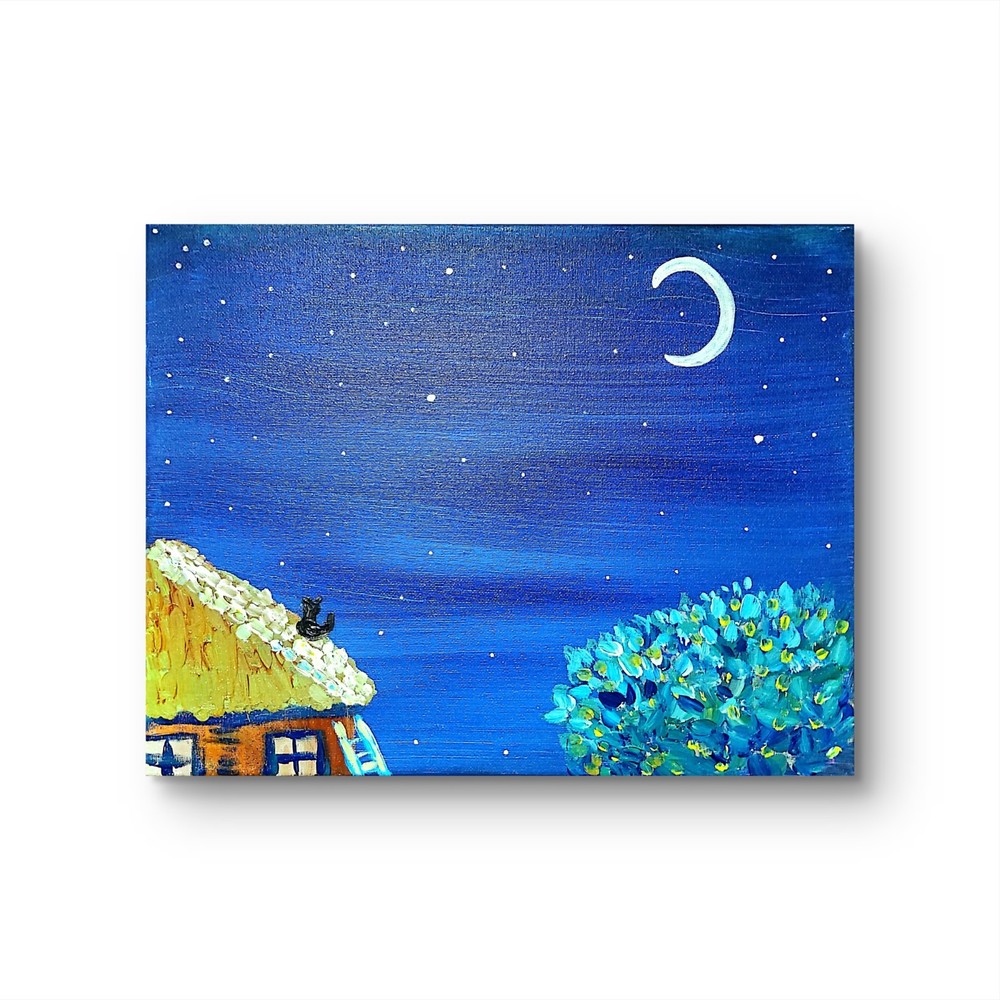 Cat Watches The Moon Original Expressionism Acrylic Abstract Canvas 11×14 Canvas