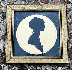 Miniature Painted Lady Silhouette Portrait on Ceramic Tile Framed Signed „L“