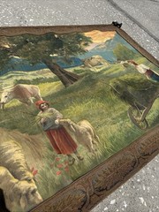 Large Antique Original Oil ? Tapestry Painting Farm Landscape 43”Wx30”Tall